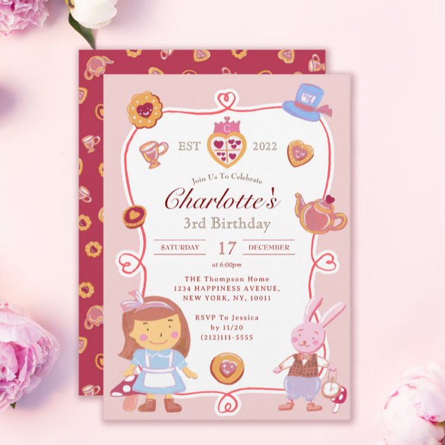 Cute Alice' Tea Party rose Anniversaire Invitation (Créateur téléchargé)