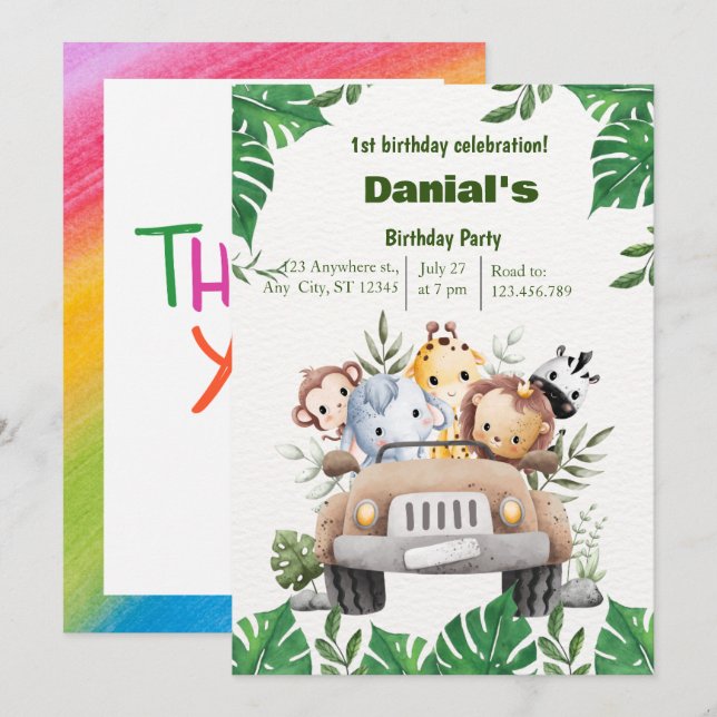 Cute Animal 1er anniversaire invitation (Devant / Derrière)