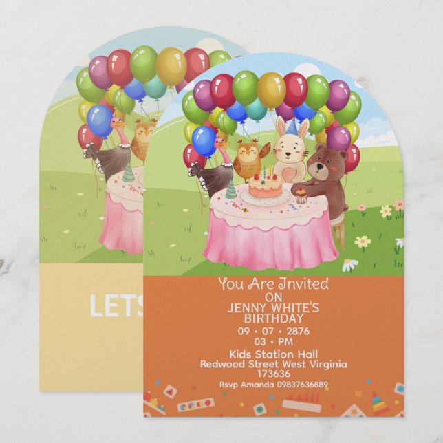 Cute Animals Themed kids Birthday Invitation  (Devant / Derrière)