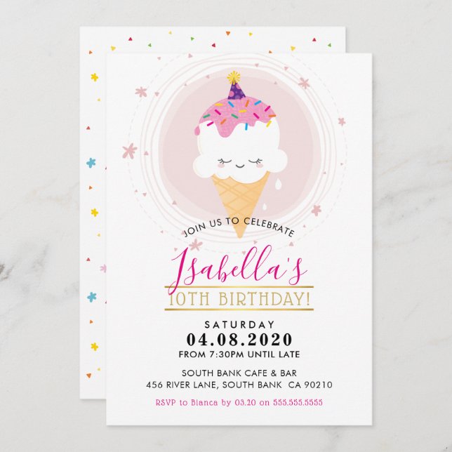 CUTE ANNIVERSAIRE INVITATION kawaii icecream cone (Devant / Derrière)