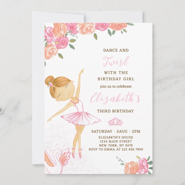 Cute Aquarelle Ballerina Invitation Anniversaire (Devant)