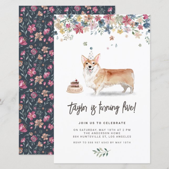Cute Aquarelle Corgi Chien Invitation Anniversaire (Devant / Derrière)
