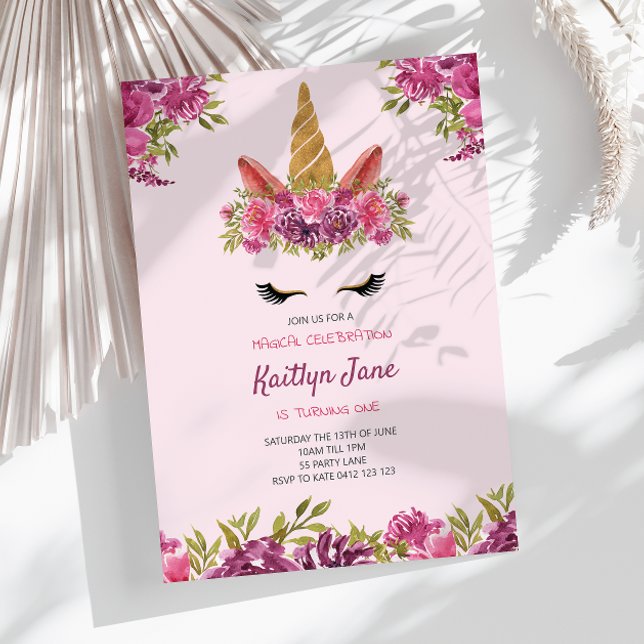 Cute Aquarelle Florale Unicorne rose Invitation (Créateur téléchargé)