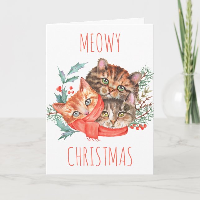 Cute Aquarelle Kittens Meowy Carte de Noël (Devant)