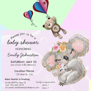 Cute aquarelle Koala Baby shower rose Invitation