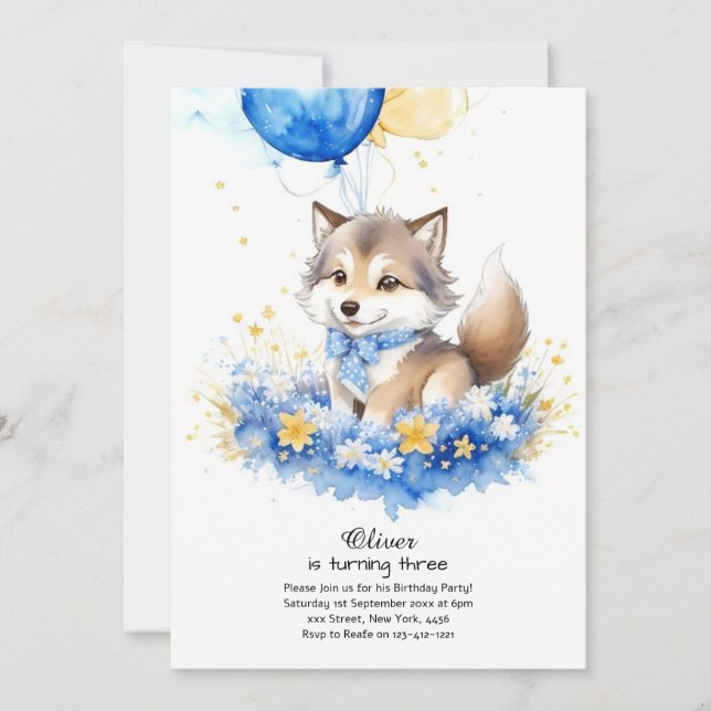 Cute Aquarelle Loup Pup Invitation Anniversaire (Devant)