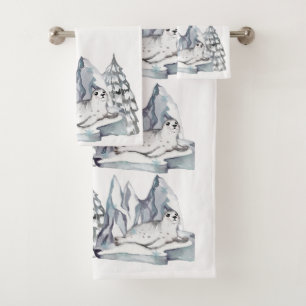 Cute Aquarelle Seal Pine Arbres Snowflakes Blanc