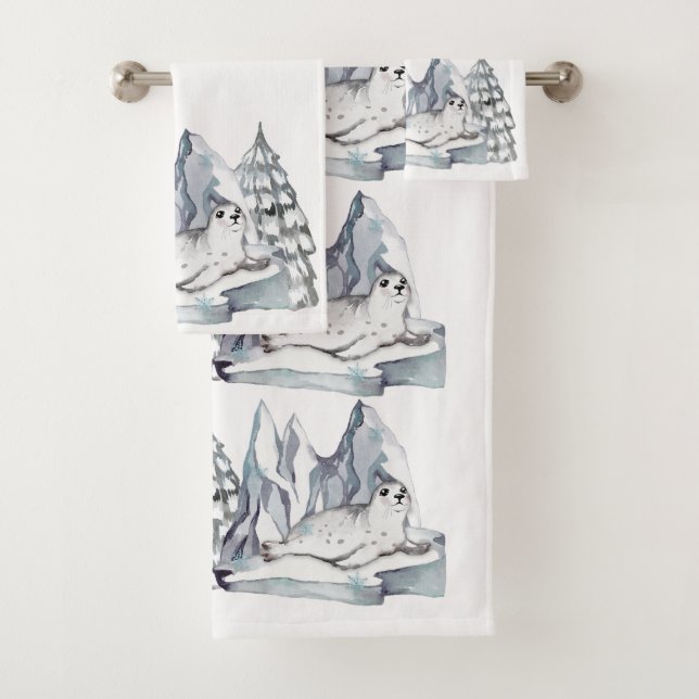 Cute Aquarelle Seal Pine Arbres Snowflakes Blanc (En situation)