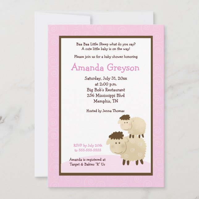 Cute Baa Baa Sheep 5x7 Baby shower Invitation rose (Devant)