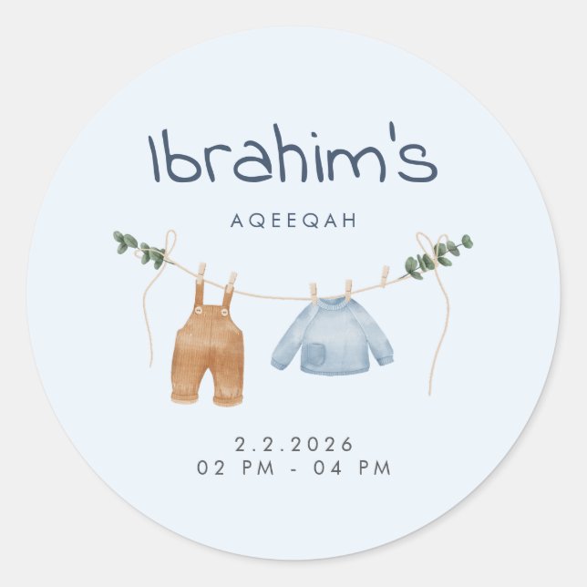 Cute Baby Boy Aqiqah Thank You Stickers Blue Brown (Devant)