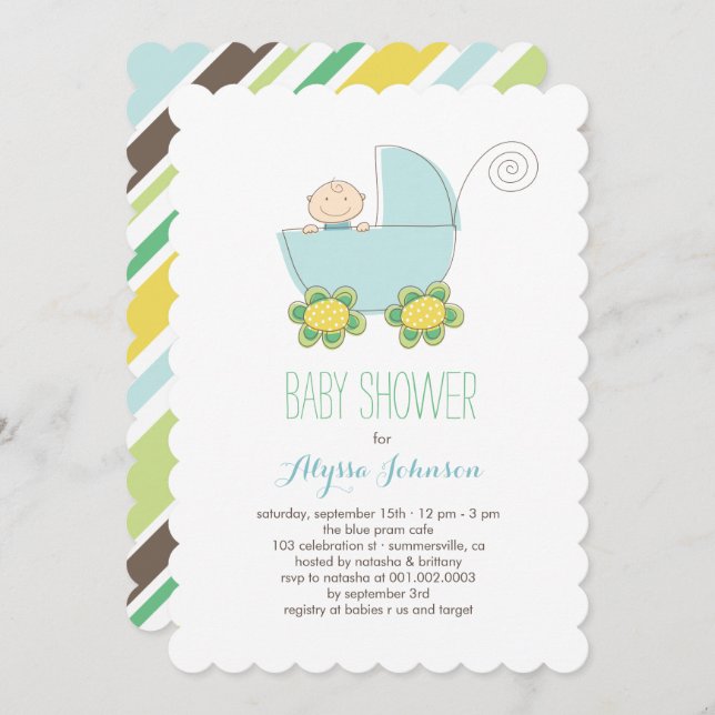 Cute Baby Boy Blue Pram Baby shower Invitation (Devant / Derrière)