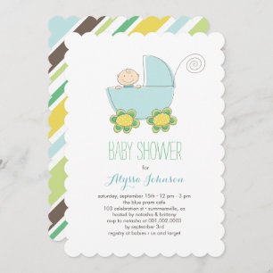 Cute Baby Boy Blue Pram Baby shower Invitation