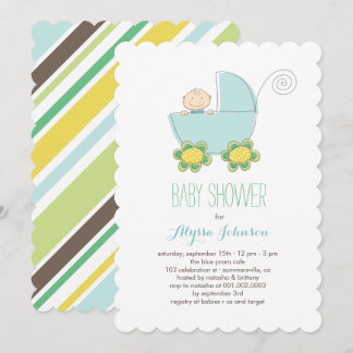 Cute Baby Boy Blue Pram Baby shower Invitation