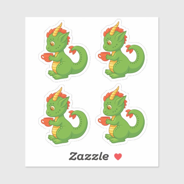 Cute Baby Dragon Holding Cup Set of 4 Sticker (Feuille)