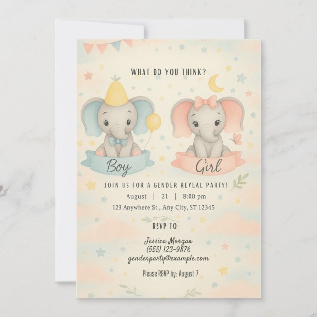 Cute Baby Elephant Gender Reveal Invitation (Devant)