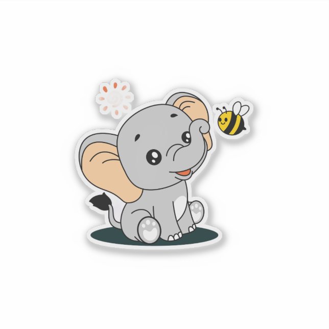 Cute Baby Elephant with Bee Cartoon Vinyl Sticker (Devant)