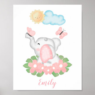 Cute Baby Elephant with pink flowers poster