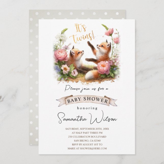 Cute Baby Fox C'est jumeaux Baby shower Invitation (Devant / Derrière)