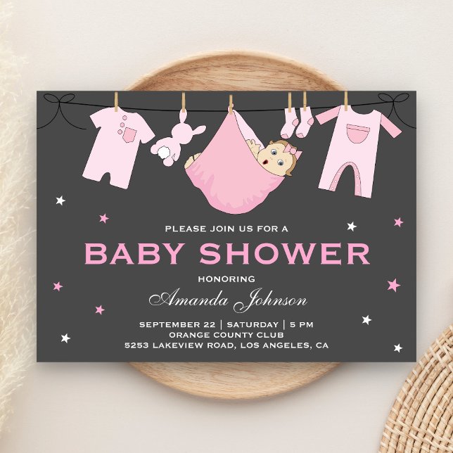 Cute Baby Girl Clothesline Baby shower Invitation (Créateur téléchargé)