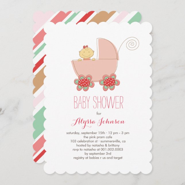Cute Baby Girl Pink Pram Baby shower Invitation (Devant / Derrière)