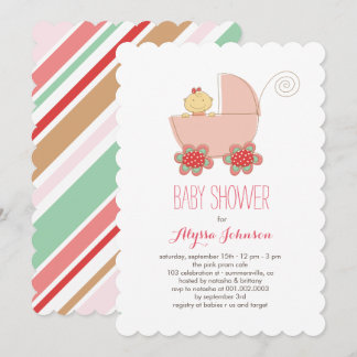 Cute Baby Girl Pink Pram Baby shower Invitation