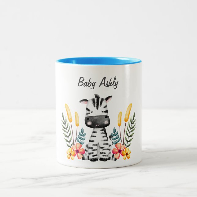 Cute Baby Zebra Flower Wreath Custom Name Mug (Centre)