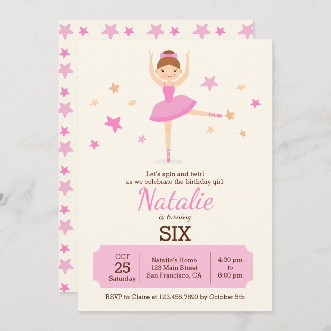 Cute Ballerina Anniversaire Fête Invitation (Devant / Derrière)
