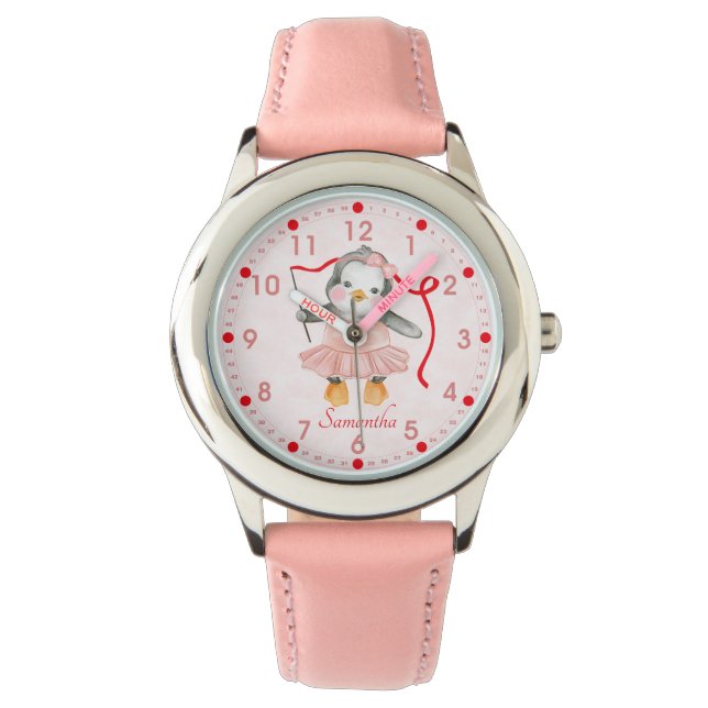 Cute Ballerina Penguin rose montre personnalisée (devant)