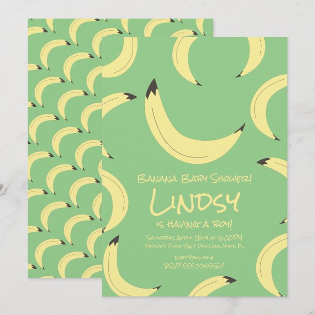 Cute Banana Green Boy Baby shower Invitation (Devant / Derrière)