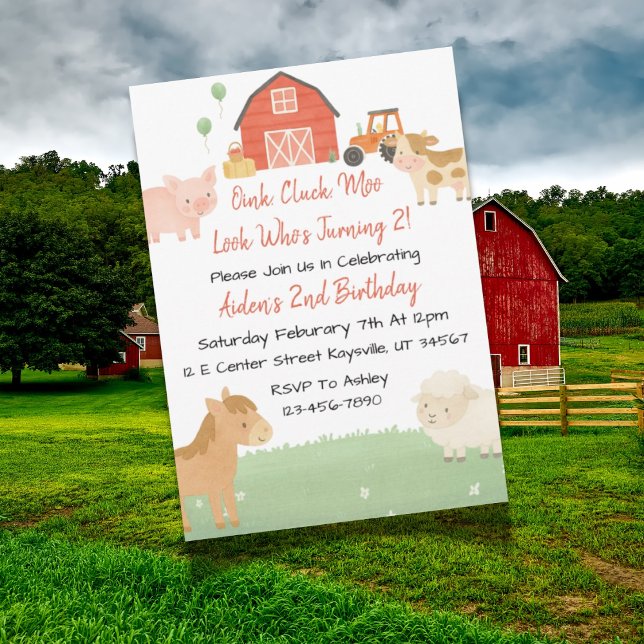 Cute Barnyard Animal 2e Invitation d'anniversaire (Farm-themed second birthday invitation design with barn, animals, and playful farm elements.)