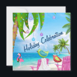 Cute Beach Winter Birds Christmas Party Invitation<br><div class="desc">Cette invitation à fêter Noël d'actualité présente deux oiseaux d'hiver colorés et un flamand rose,  avec un chapeau de Père Noël,  profitant de la belle plage sous un palmier décoré de lumières et d'ornements. Quelques graphiques par artwork&@delightful-doodles.com et slslines.etsy.com</div>