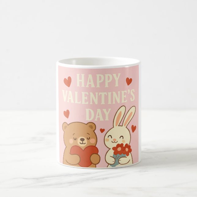 Cute Bear & Bunny Valentine's Day Mug – Pink Heart (Centre)