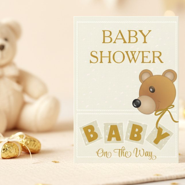 Cute Bear Cream & Gold Baby Shower Invitation (Soft and elegant and gender neutral makes this the perfect baby shower card. All hand drawn.)