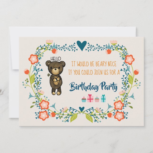 Cute Bear & Floral Wreath Anniversaire Invitation (Devant)