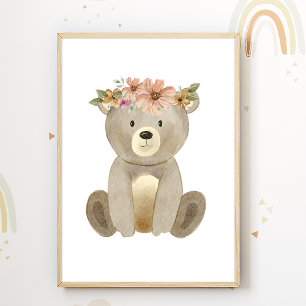 Cute Bear Flowers Nursery Poster Kids Room Decor