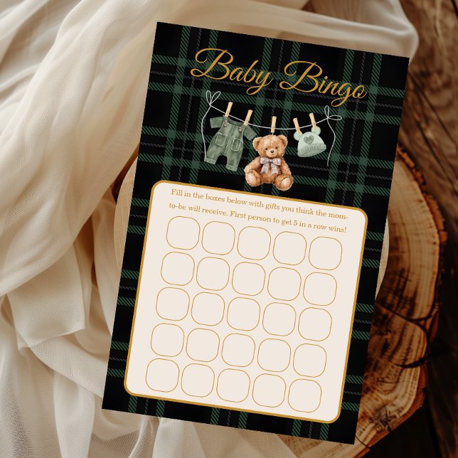 Cute Bear Forest Plaid Baby Shower Bingo Game (Créateur téléchargé)