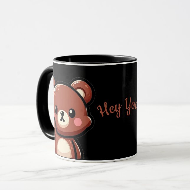 Cute Bear Hey You Mug | Kawaii Black Coffee Cup (Devant gauche)
