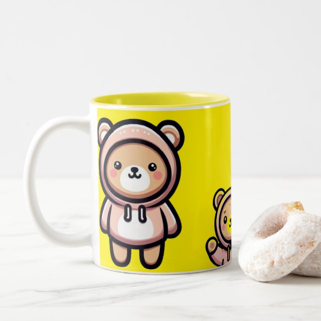 Cute Bear Hoodie Yellow Mug | Kawaii Coffee Cup (Avec donut)