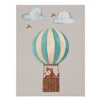 Cute Bear Hot Air Balloon Illustration Poster