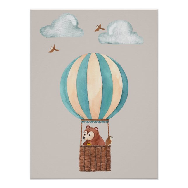 Cute Bear Hot Air Balloon Illustration Poster (Devant)