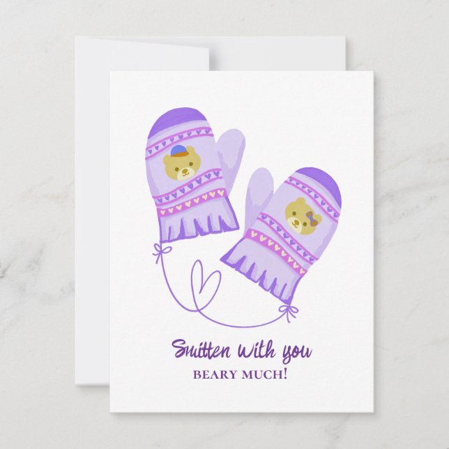 Cute Bear Love Purple Mittens Valentine's Day Card (Devant)