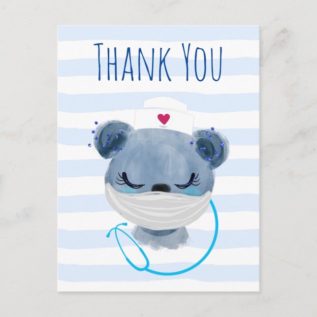 Cute Bear Nurse portant une carte postale Merci Ma (Devant)