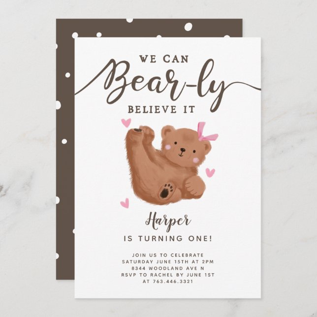 Cute Bear Theme Girl's Birthday Party Invitation (Devant / Derrière)
