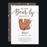 Cute Bear Theme Girl's Birthday Party Invitation<br><div class="desc">Cute bear theme kid's birthday party invitation card featuring illustration of a cub rolling on her back with pink bow and hearts. This woodland design has a text on top that says "We Can Bear-ly Believe It."</div>