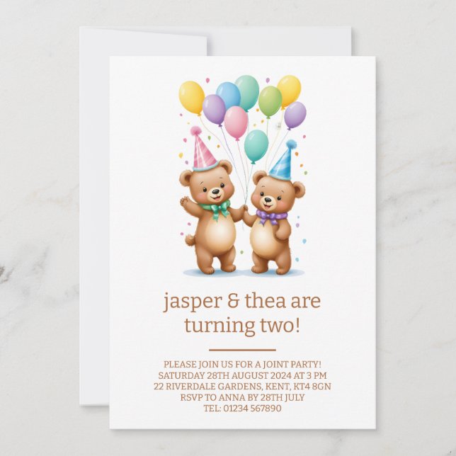 Cute Bear Twins 2e Anniversaire Fête Invitation (Devant)