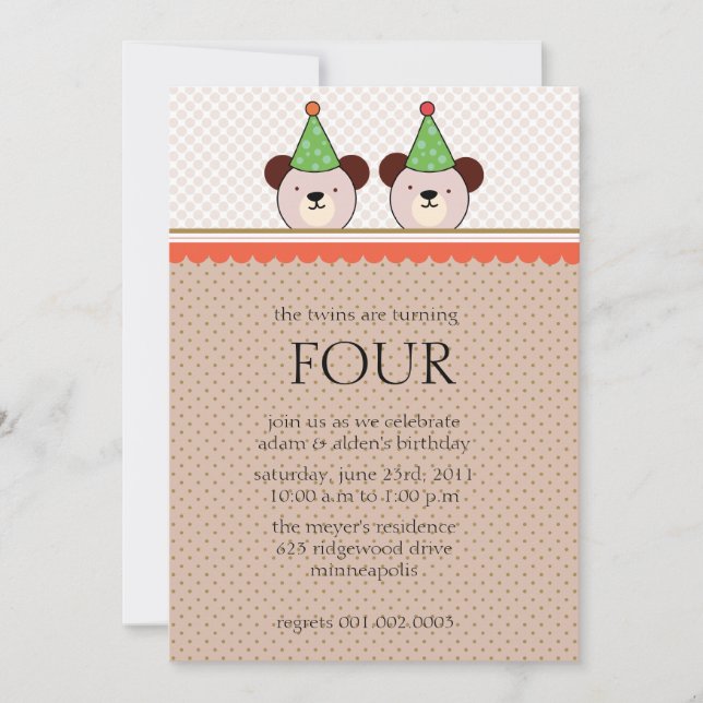 Cute Bears - Invitations d'anniversaire de jumeaux (Devant)