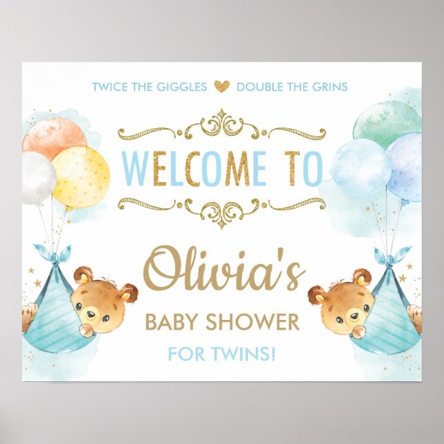 Cute Bears Twins Baby Boys Douche Affiche de bienv (Devant)