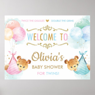 Cute Bears Twins Boy Girl Baby shower Affiche de b