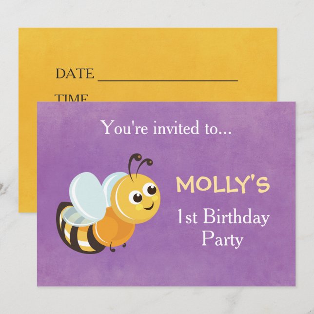 Cute Bee Thème 1er Anniversaire Carte d'invitation (Devant / Derrière)