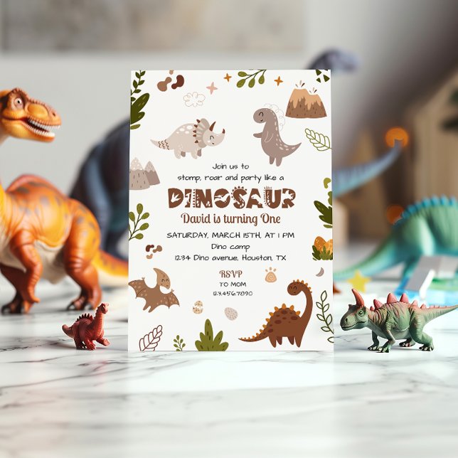 Cute Beige Aquarelle Dinosaure Invitation Annivers (Créateur téléchargé)